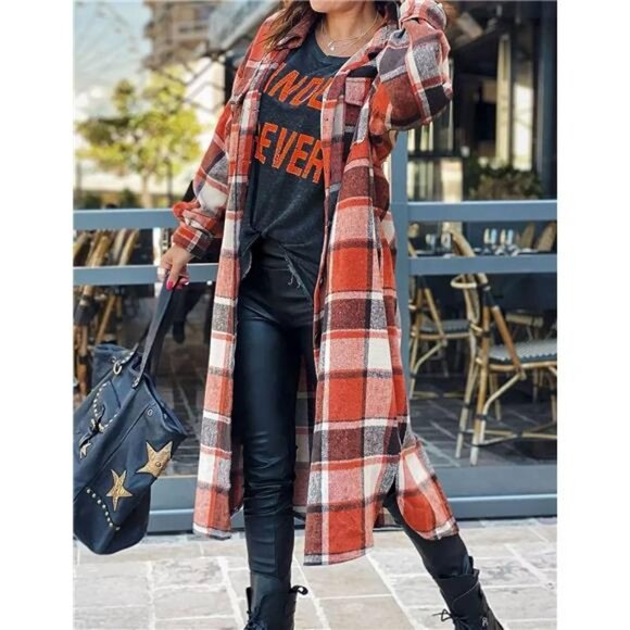 Red Plaid Print Oversized Button Down Long Midi Trench Flannel Jacket Coat - Picture 4 of 7